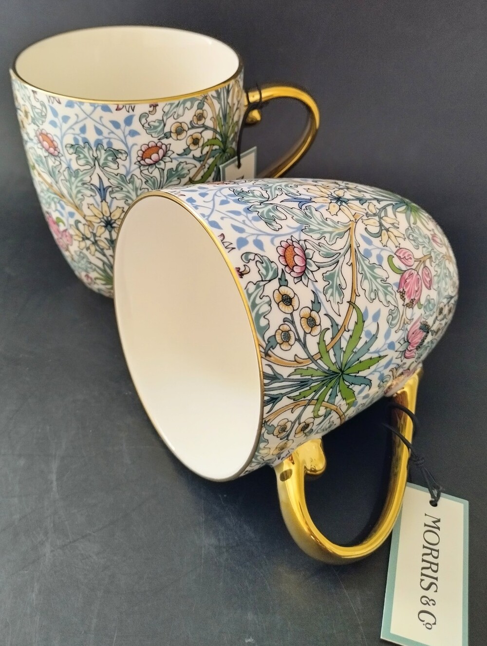William Morris & Co HYACINT Botanical Pink Floral Gold Rim Mugs set of 2